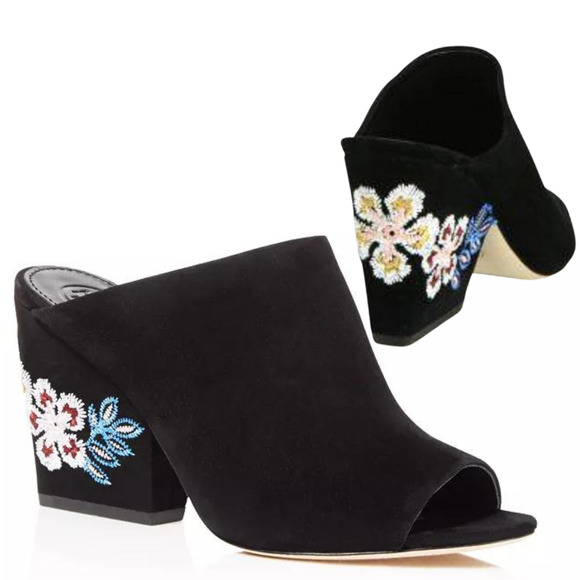 Tory Burch Floral Embroidered Block Heel Slide Sandals In Black 5.5